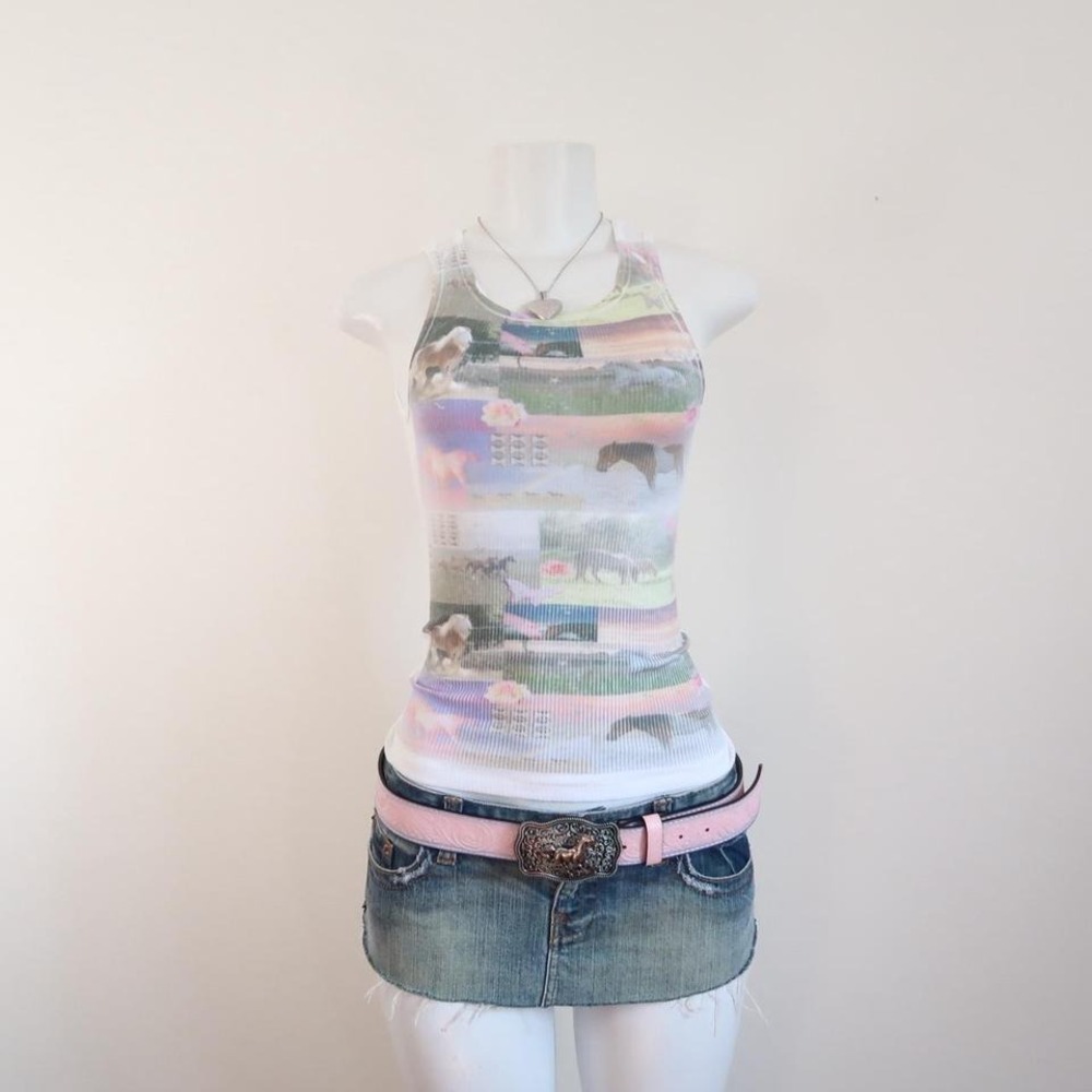 y2k dreamcore horse tank white ribbed graphic baby tee - Picture 4 of 8